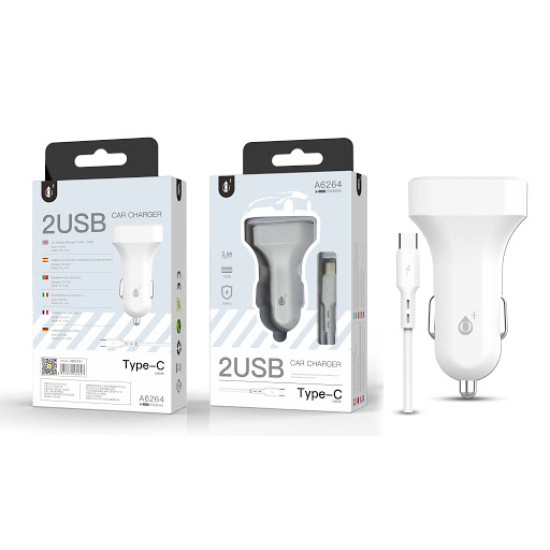 ONE PLUS CAR CHARGER WITH TPYE-C CABLE, 2USB, 2.4A, WHITE ( A6264 )